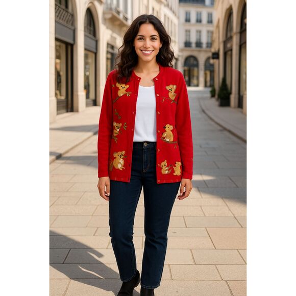 Quacker Factory Sweater Women's Medium Red Koala Bear Appliques Vintage 90s - Picture 1 of 7